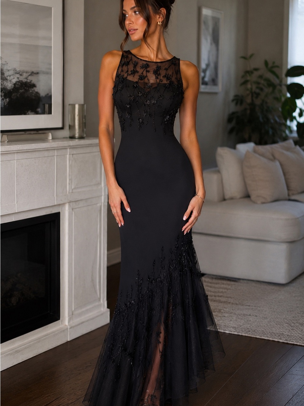 RARE CACHE Elegant Black Sheer Bodice Mermaid Evening Dress